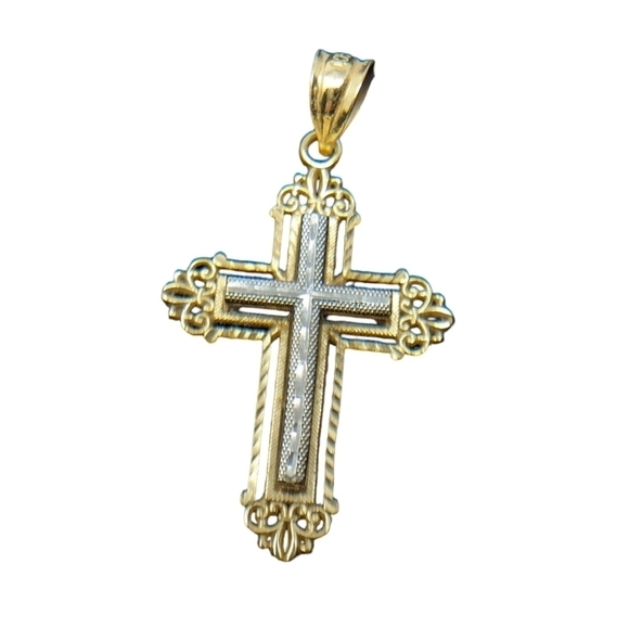14K Two-Tone Solid Gold Vintage Cross Pendant 1.6g 1.25"H - Picture 10 of 11